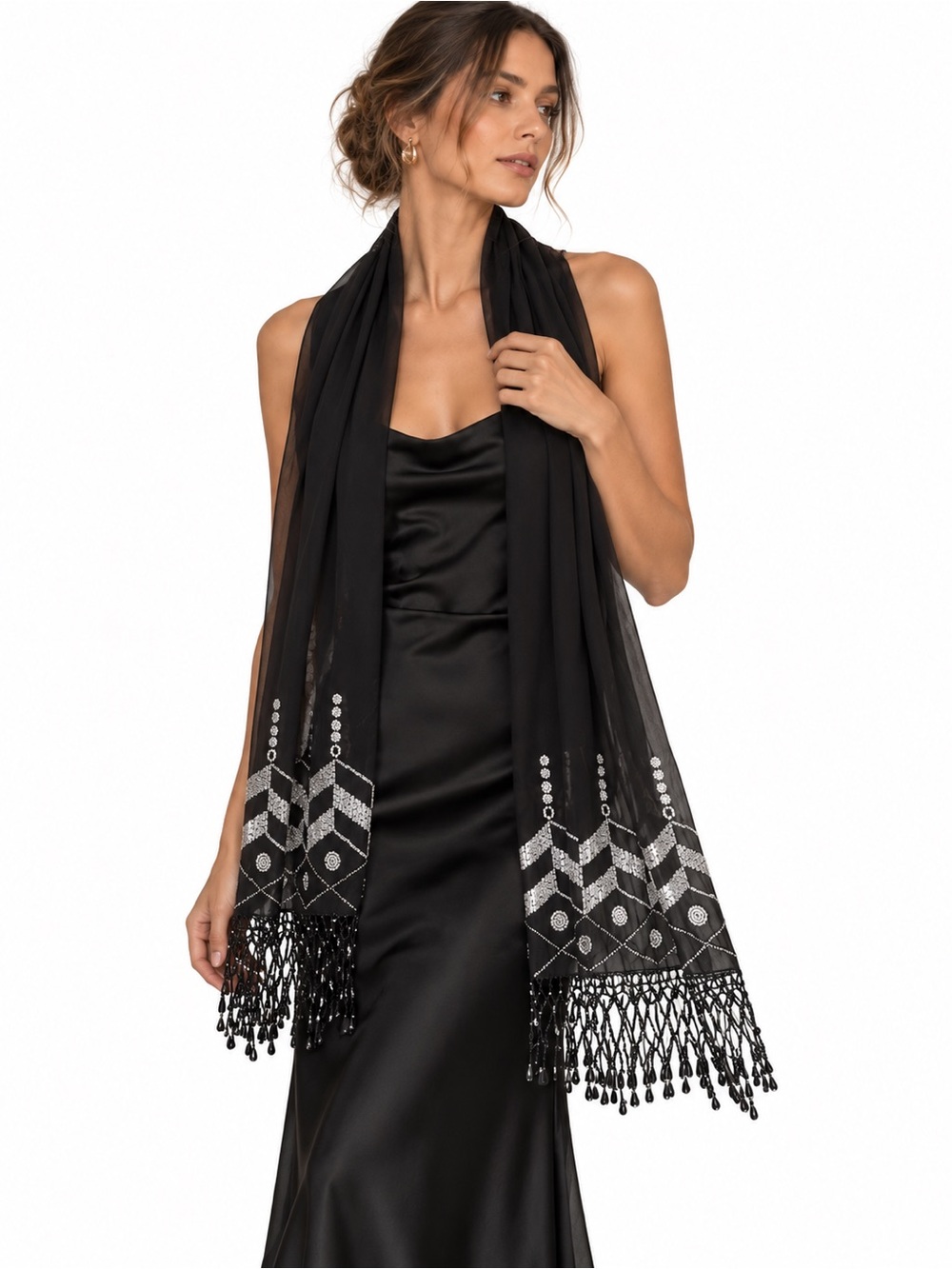 Anna Sui Beaded Silk Scarf Shawl Black designer vintage luxury embellished sheer
